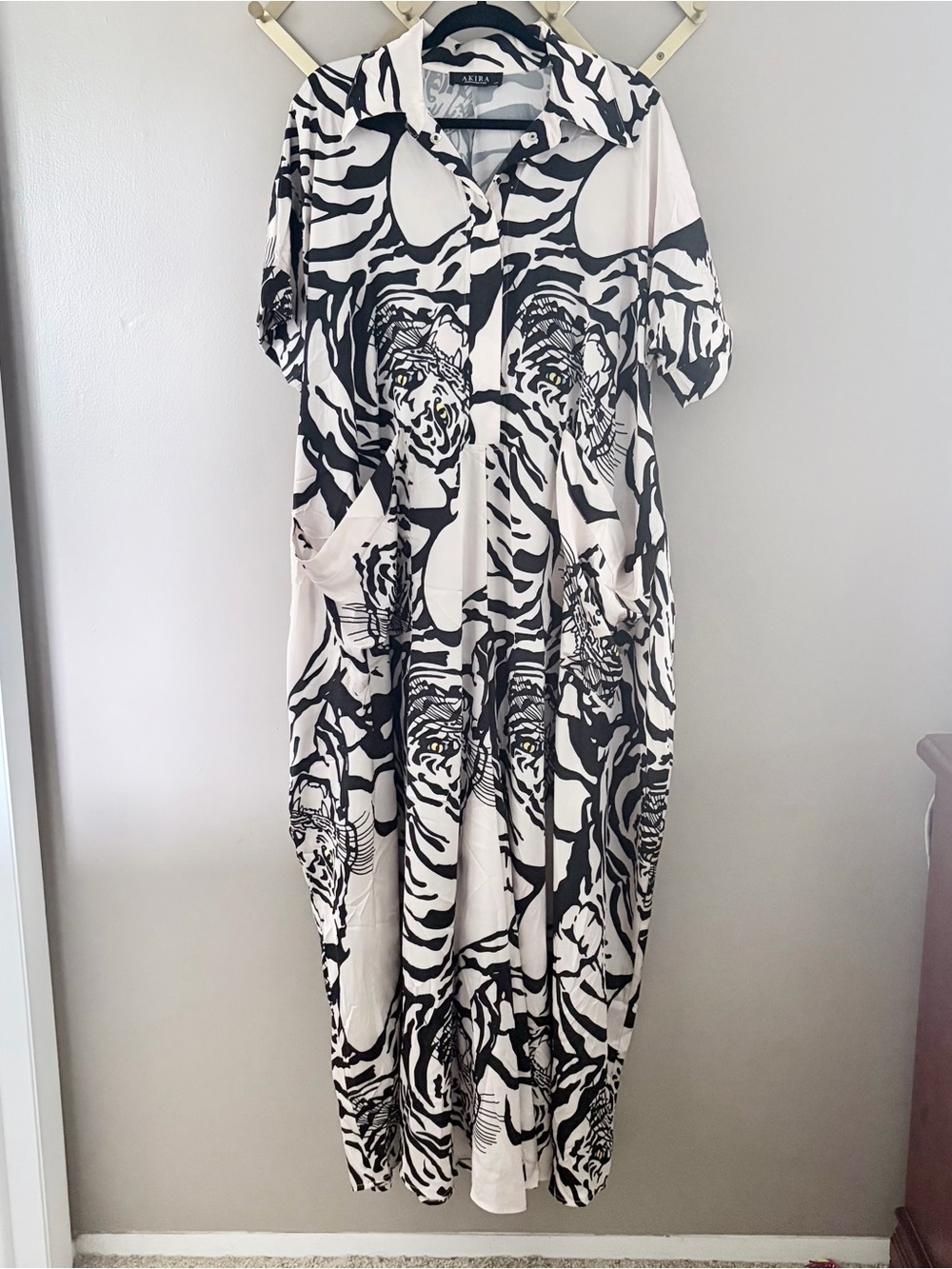 AKIRA She’s Rich Oversized Satin Jumper Tiger Print Graphic Maxi Romper Jumpsuit